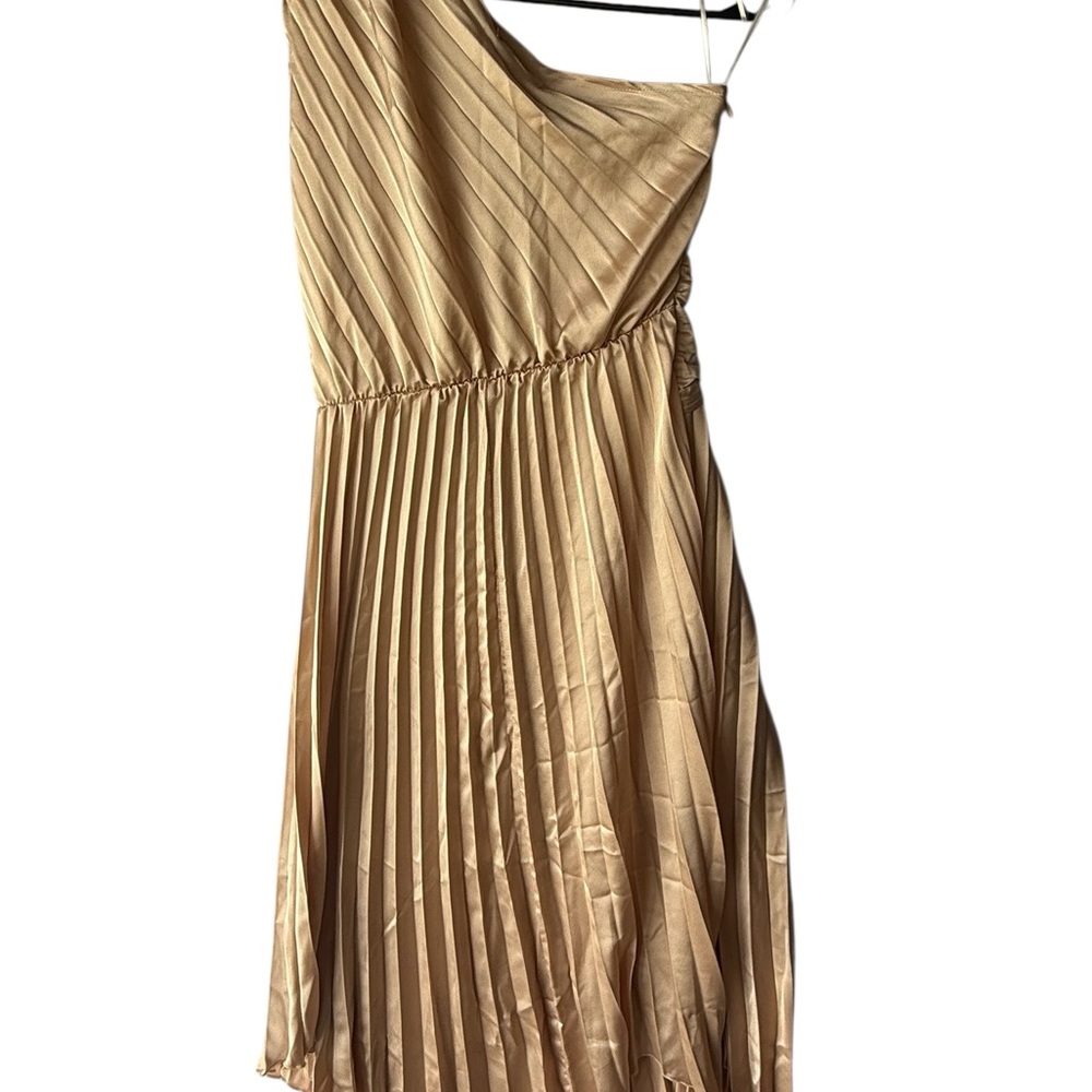 Asymmetrical One-Shoulder Pleated Midi Dress in Cream/Gold - Picture 7 of 8